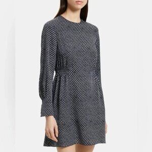 Theory Lucillia 100% Silk Mini Dress - size 6 - navy blue print pockets